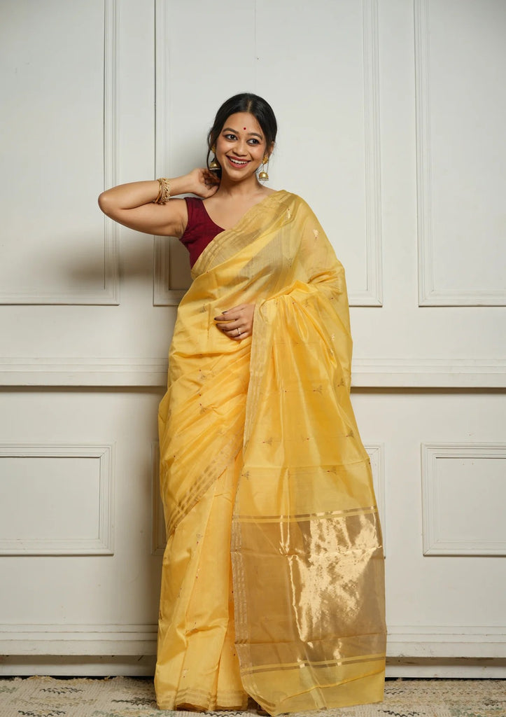Yellow Rich Pure Linen Cotton Silk Saree With Blouse Piece