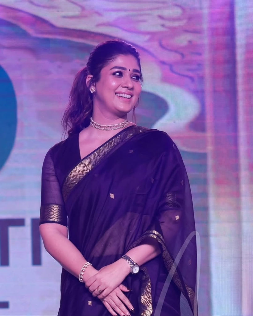 Nayanthara New Purple Soft Linen Cotton Silk Saree With Blouse Piece