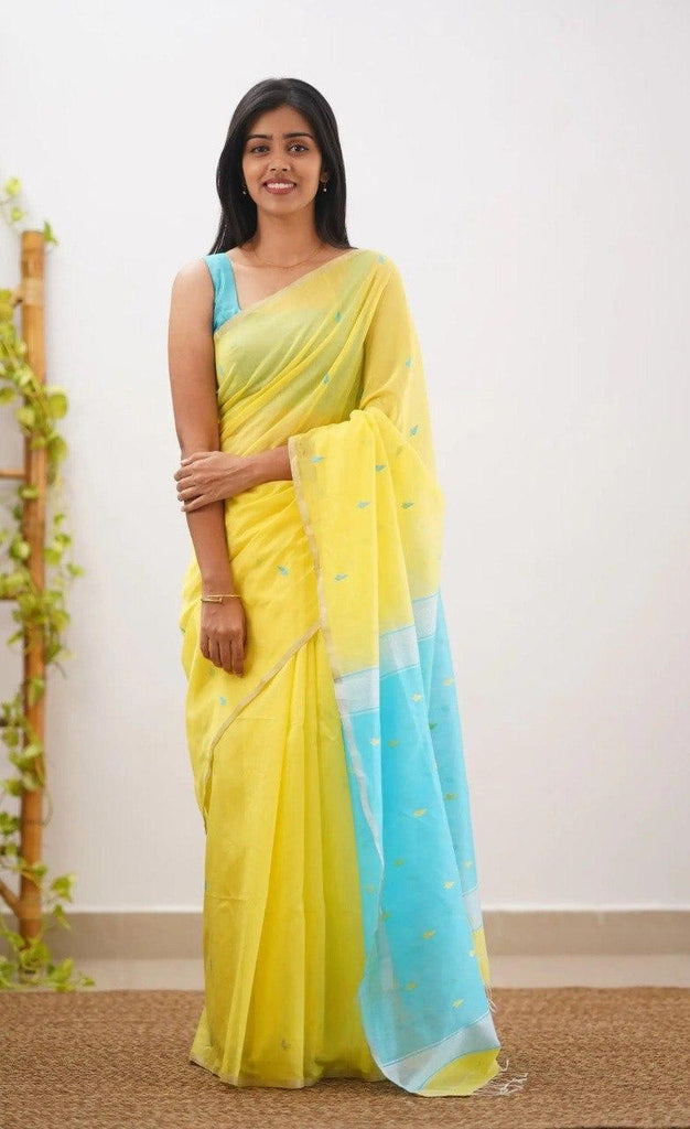 Yellow Sky Pure Linen Cotton Silk Saree With Blouse Piece