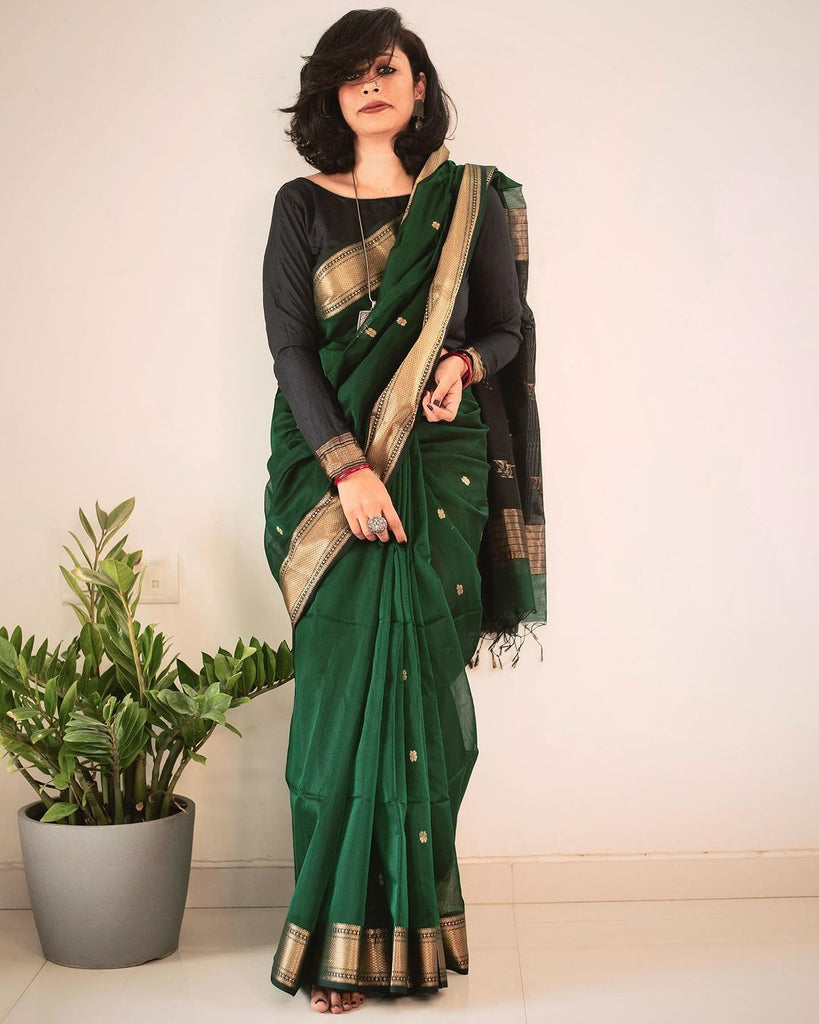 Handloom Green Light Weight Soft Cotton Silk Saree With Blouse Piece
