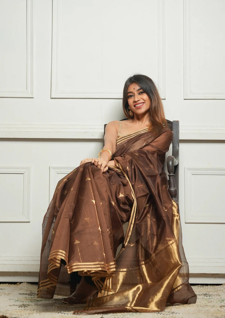 Brown Rich Pure Linen Cotton Silk Saree With Blouse Piece