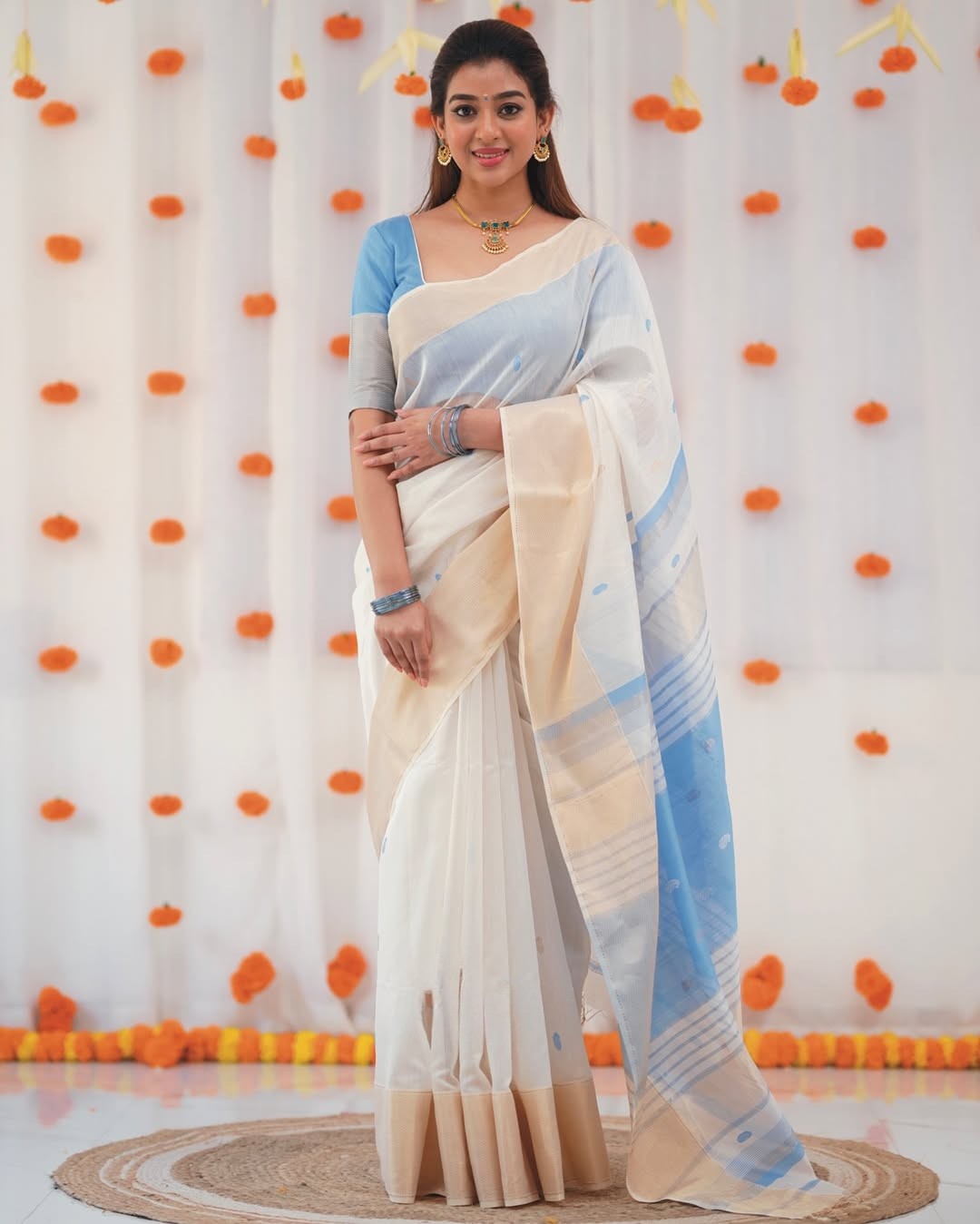 Cream X Sky Pure Linen Cotton Silk Saree With Blouse Piece