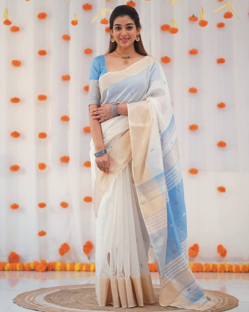 Cream X Sky Pure Linen Cotton Silk Saree With Blouse Piece