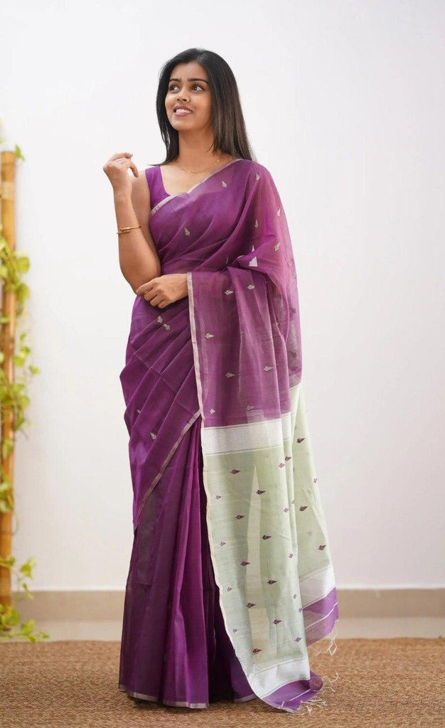Wine Pure Linen Cotton Silk Saree With Blouse Piece
