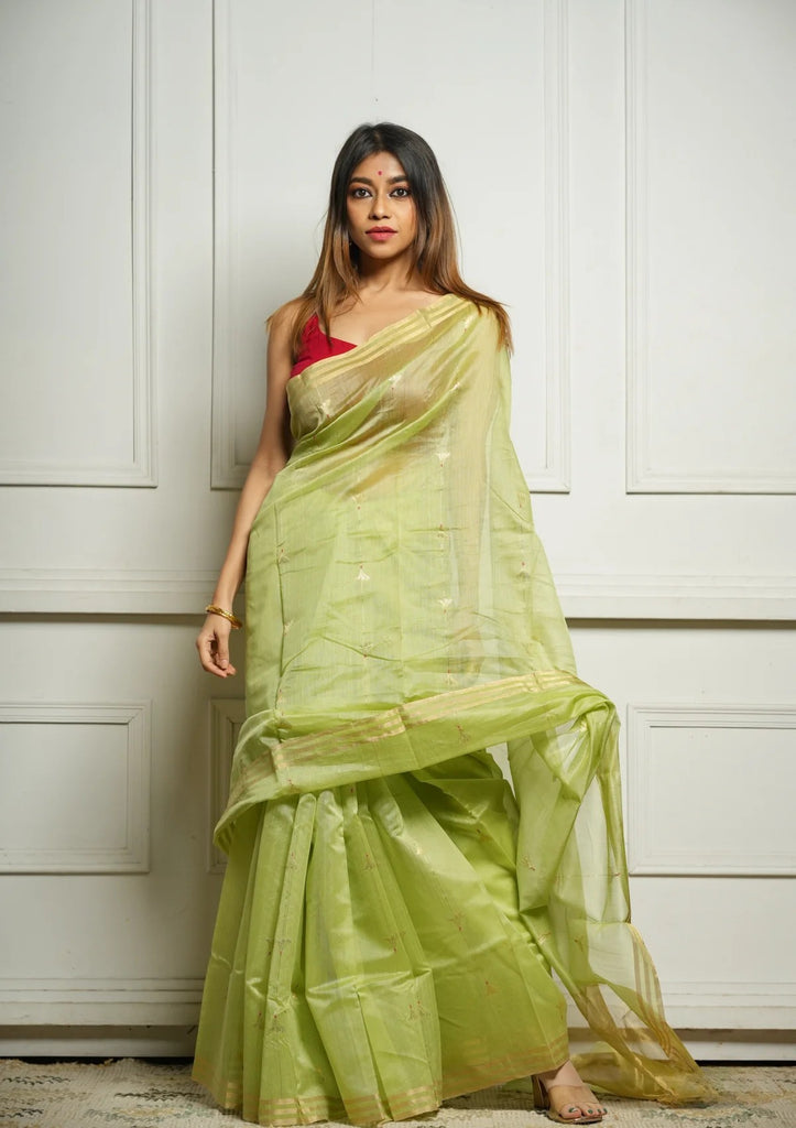 Pista Rich Pure Linen Cotton Silk Saree With Blouse Piece
