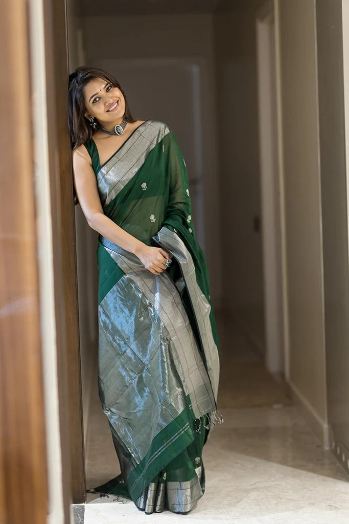 Green Pure Soft Linen Cotton Silk Saree With Blouse Piece