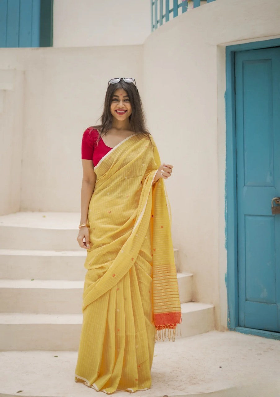 Yellow Soft Cotton Silk Saree With Blouse Piece
