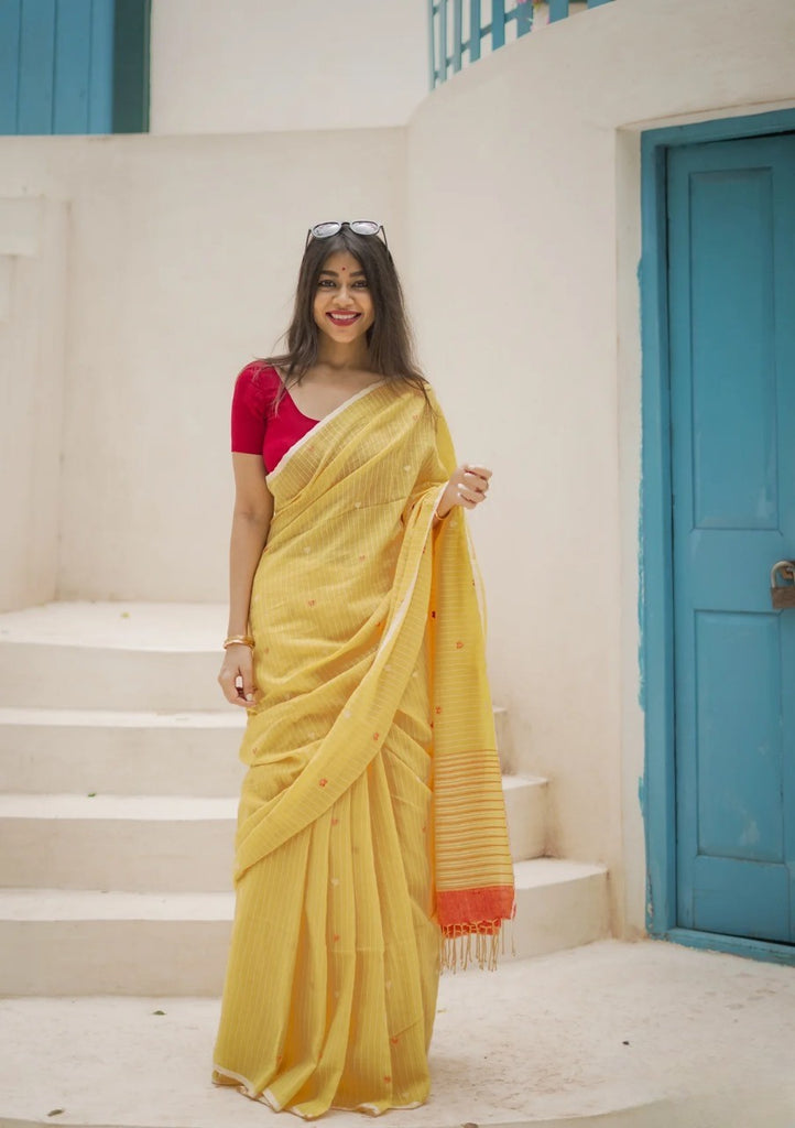 Yellow Soft Cotton Silk Saree With Blouse Piece