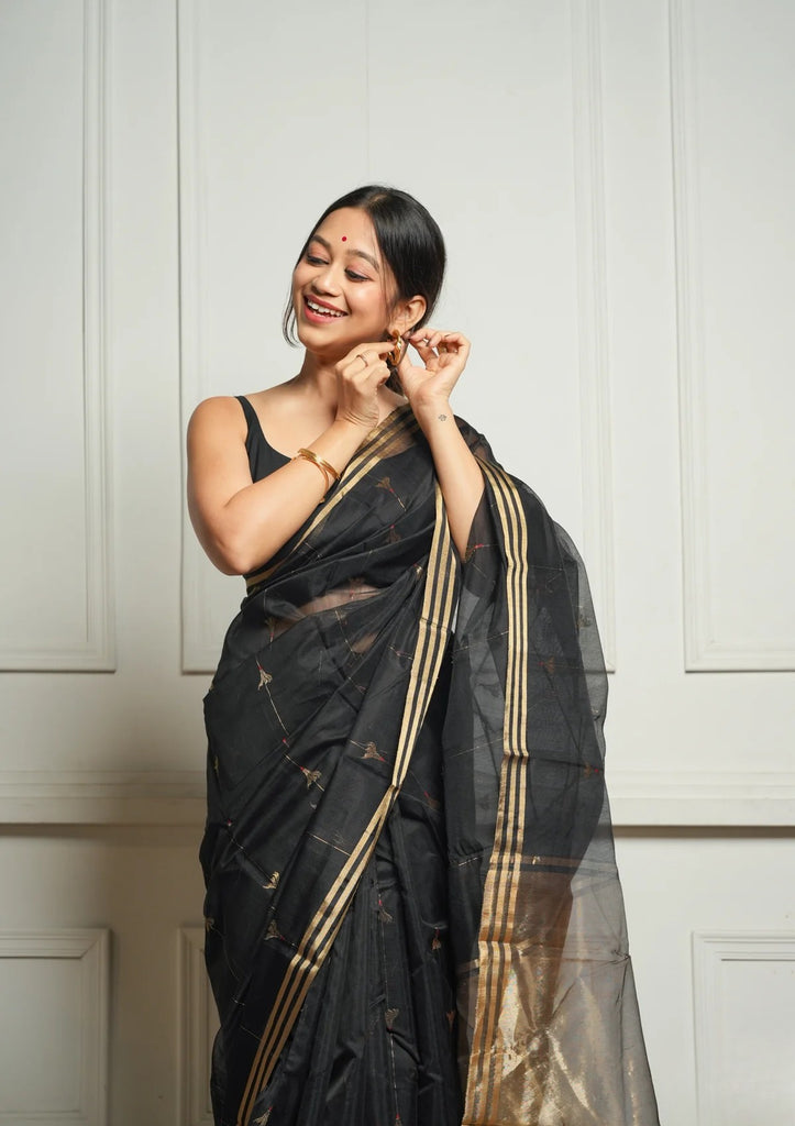 Black Rich Pure Linen Cotton Silk Saree With Blouse Piece