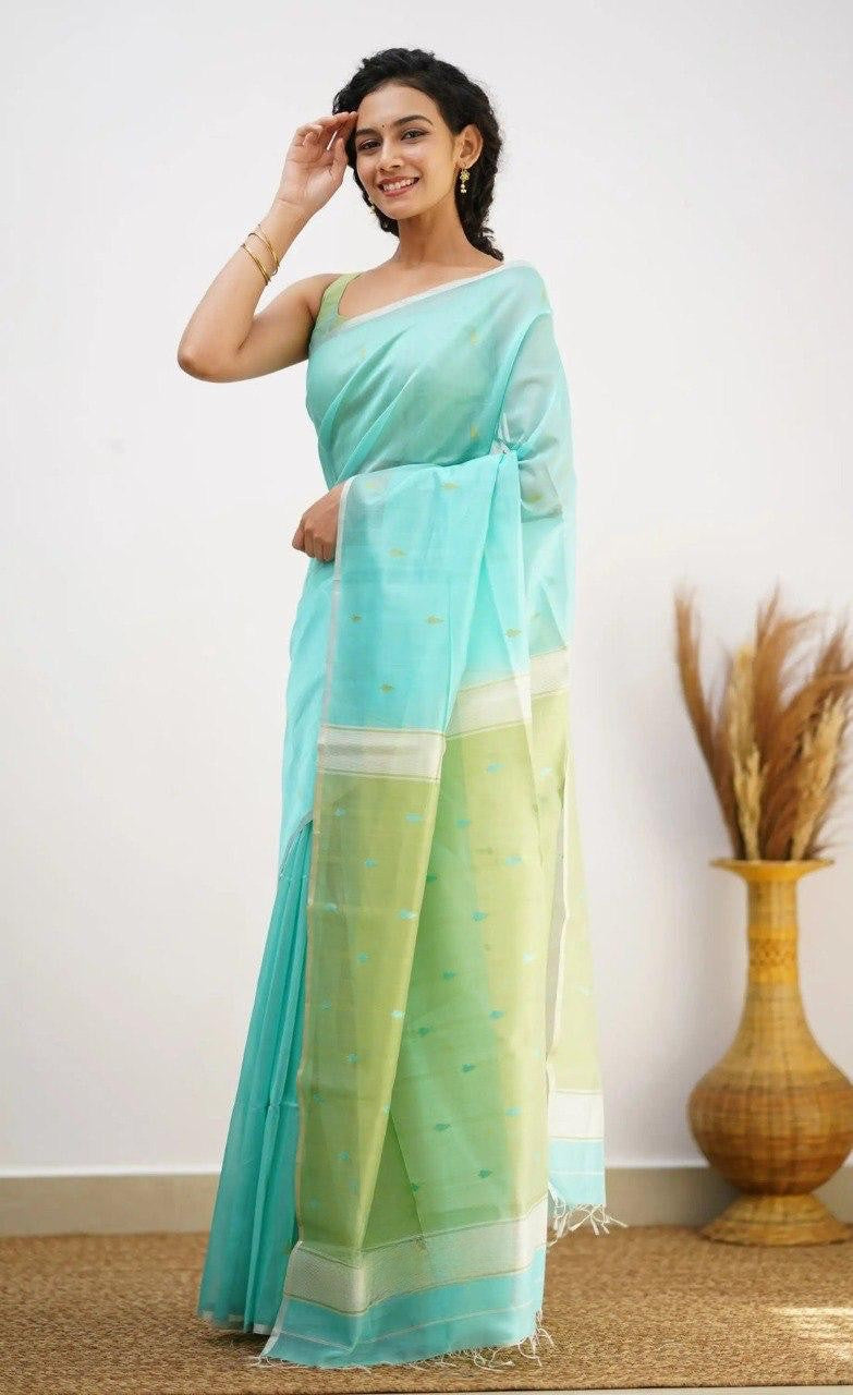 Sky Blue Pure Soft Linen Cotton Silk Saree With Blouse Piece