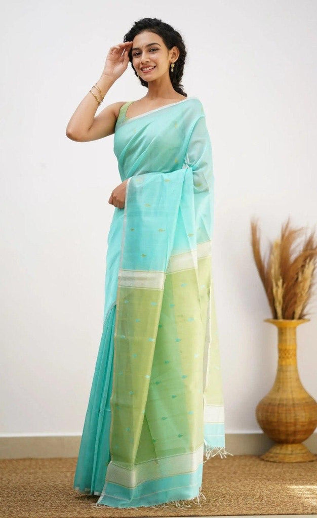 Sky Blue Pure Soft Linen Cotton Silk Saree With Blouse Piece