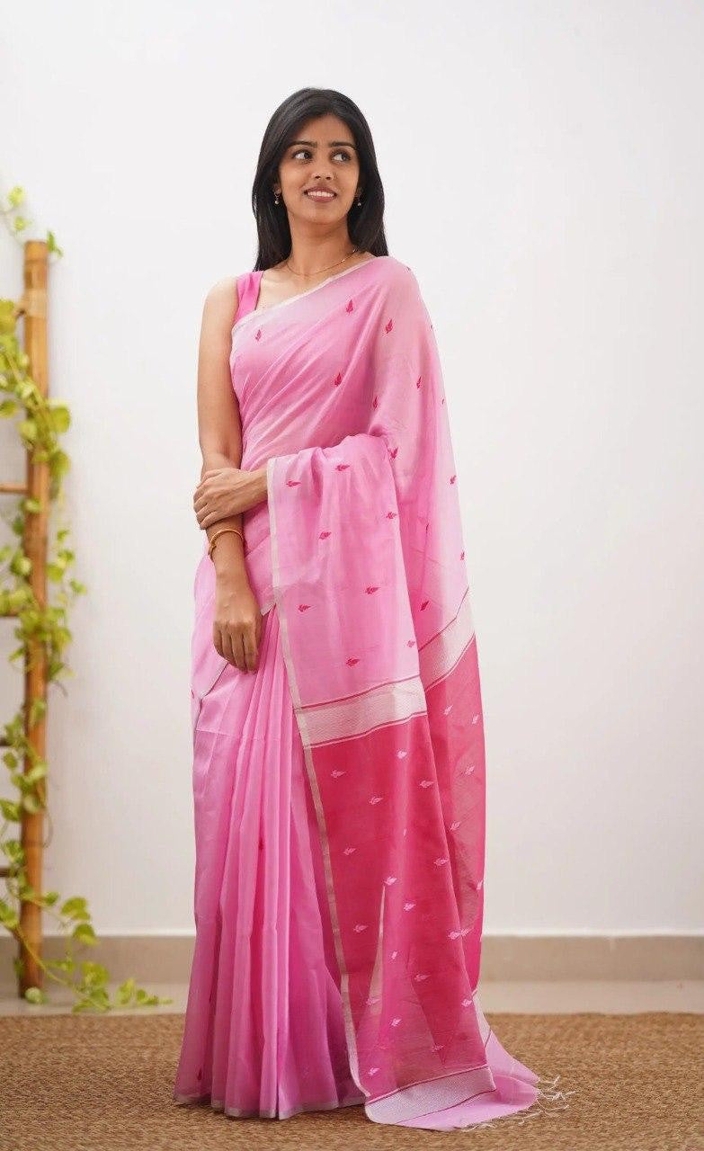 Baby Pink Soft Linen Cotton Silk Saree With Blouse Piece