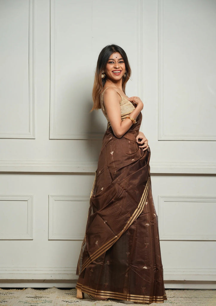 Brown Rich Pure Linen Cotton Silk Saree With Blouse Piece