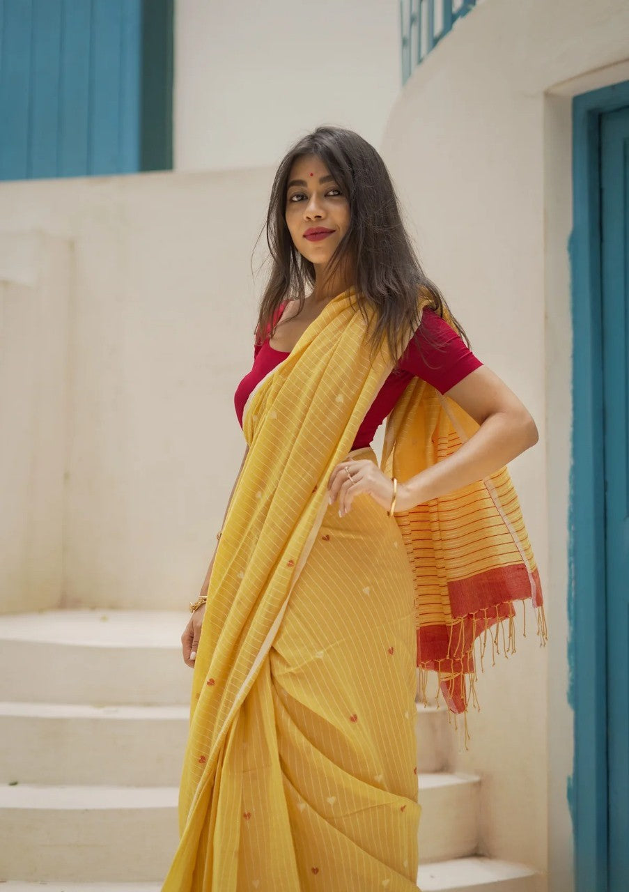 Yellow Soft Cotton Silk Saree With Blouse Piece