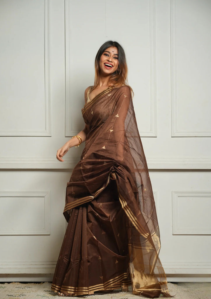Brown Rich Pure Linen Cotton Silk Saree With Blouse Piece