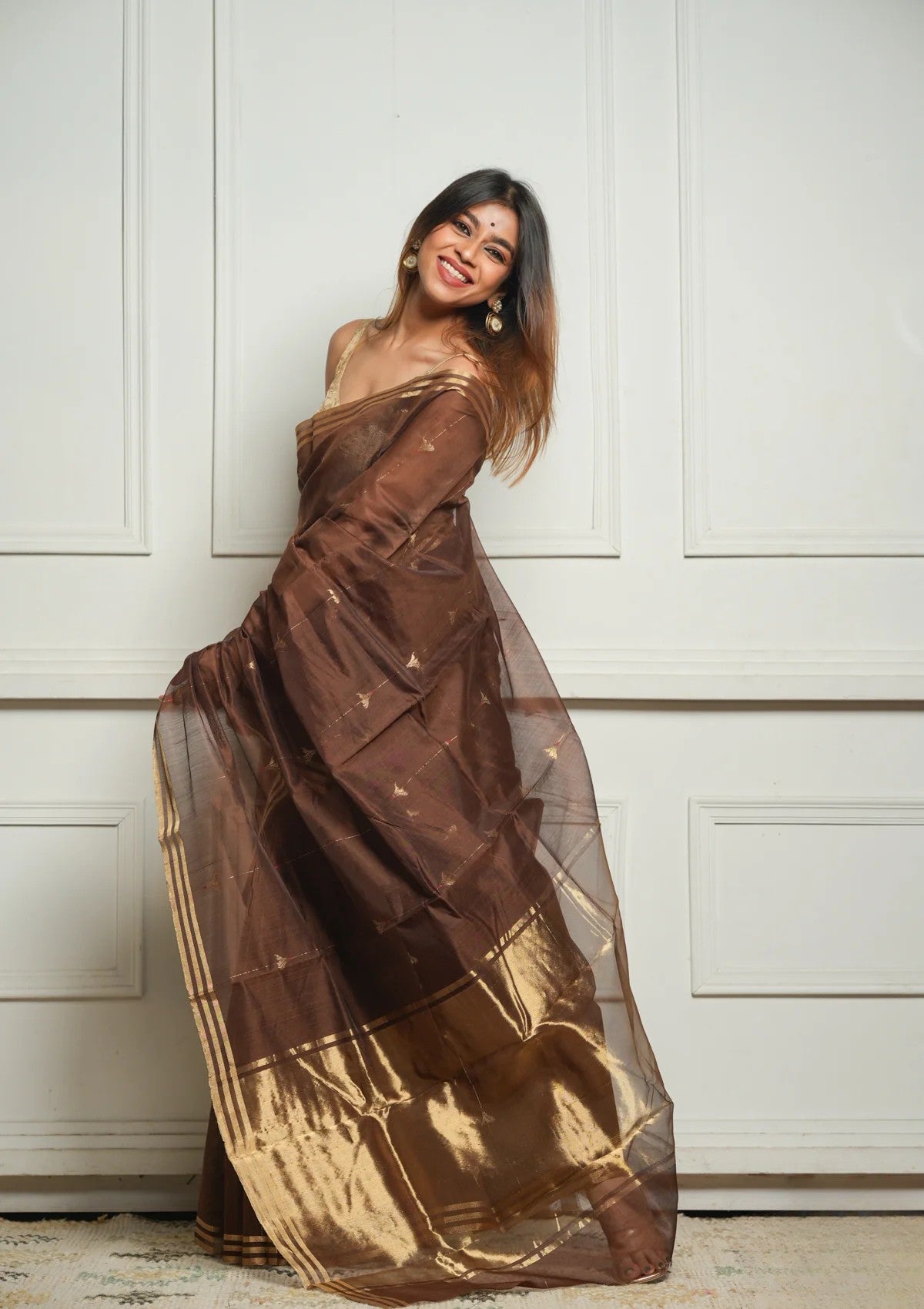 Brown Rich Pure Linen Cotton Silk Saree With Blouse Piece