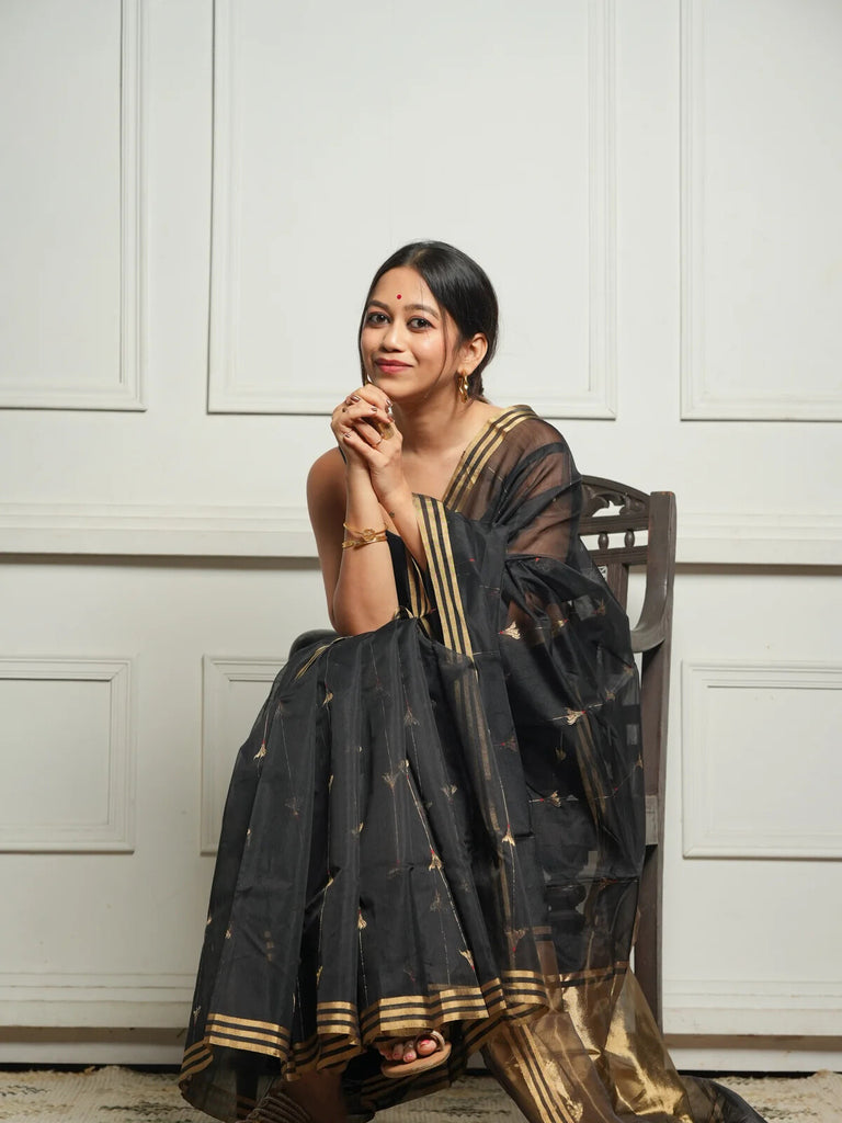 Black Rich Pure Linen Cotton Silk Saree With Blouse Piece