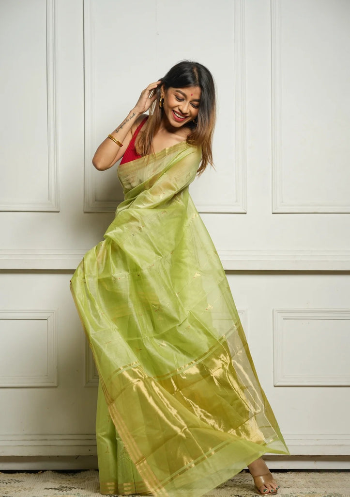 Pista Rich Pure Linen Cotton Silk Saree With Blouse Piece