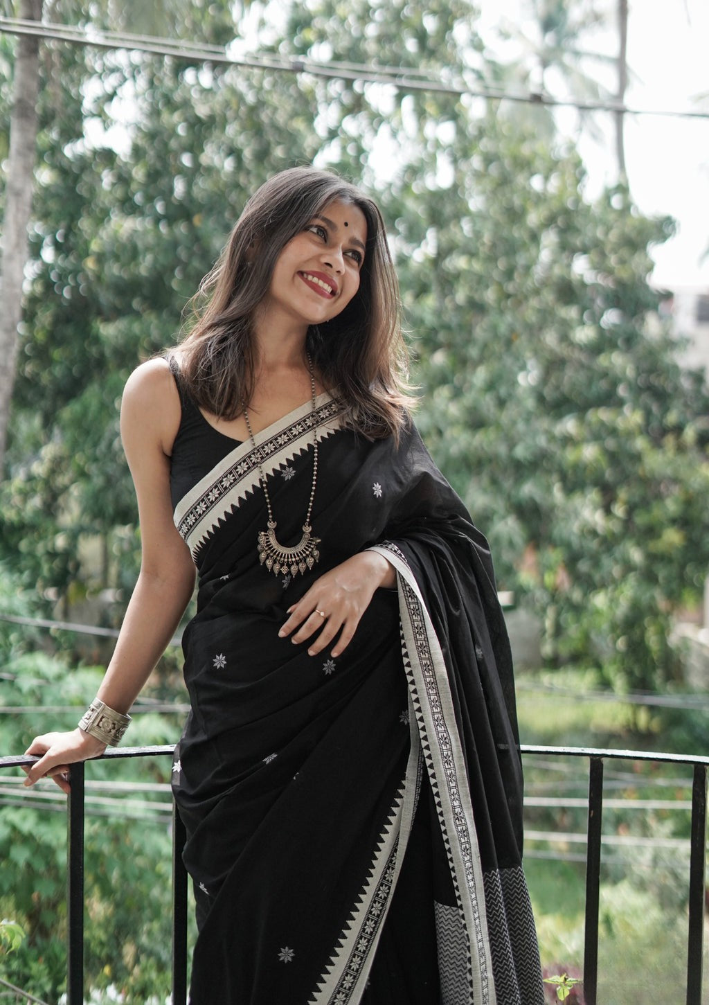 Black & White Soft Cotton Silk Saree With Blouse Piece