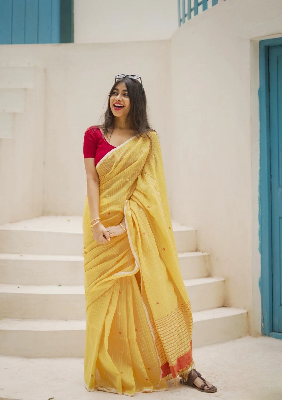 Yellow Soft Cotton Silk Saree With Blouse Piece