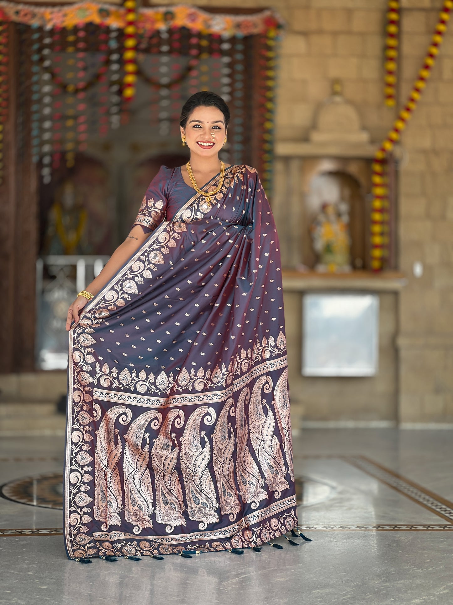 Red Grey Unique Meena Banarasi Silk Saree With Blouse Piece
