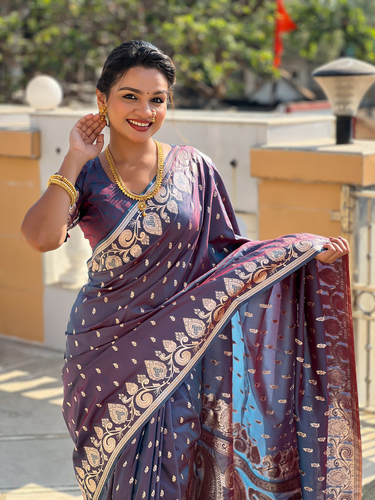 Red Grey Unique Meena Banarasi Silk Saree With Blouse Piece