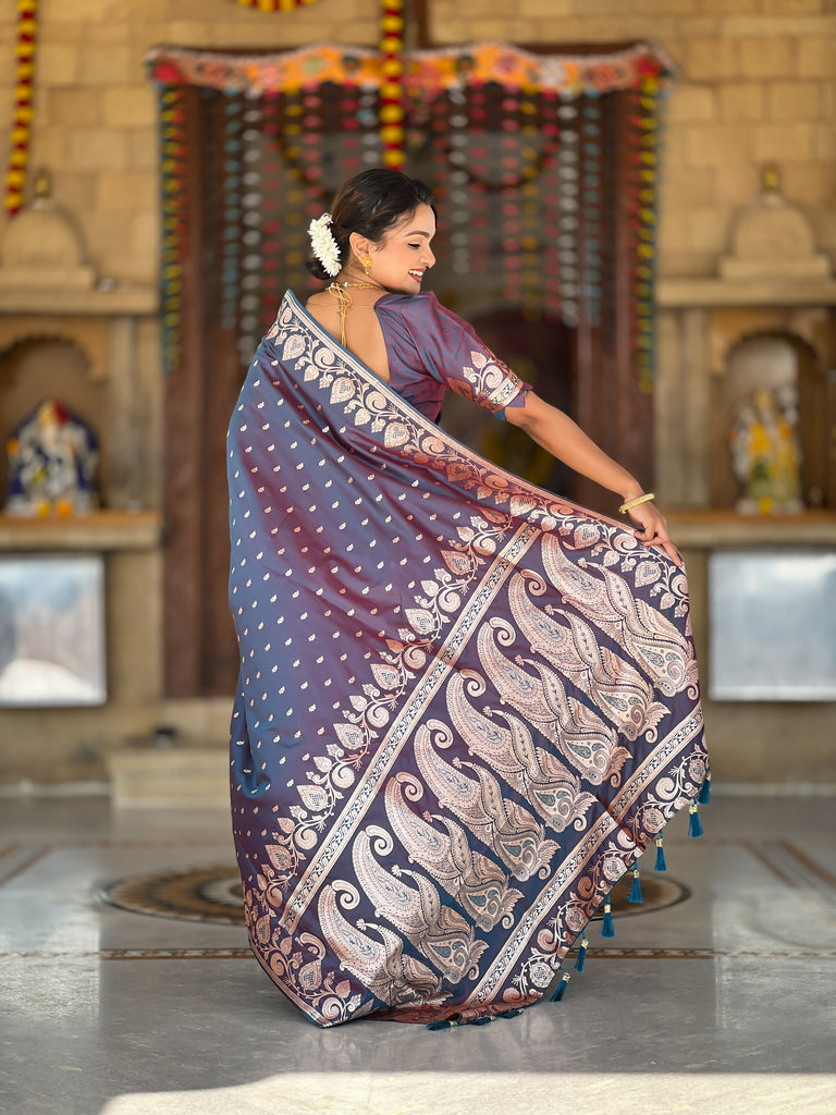 Red Grey Unique Meena Banarasi Silk Saree With Blouse Piece