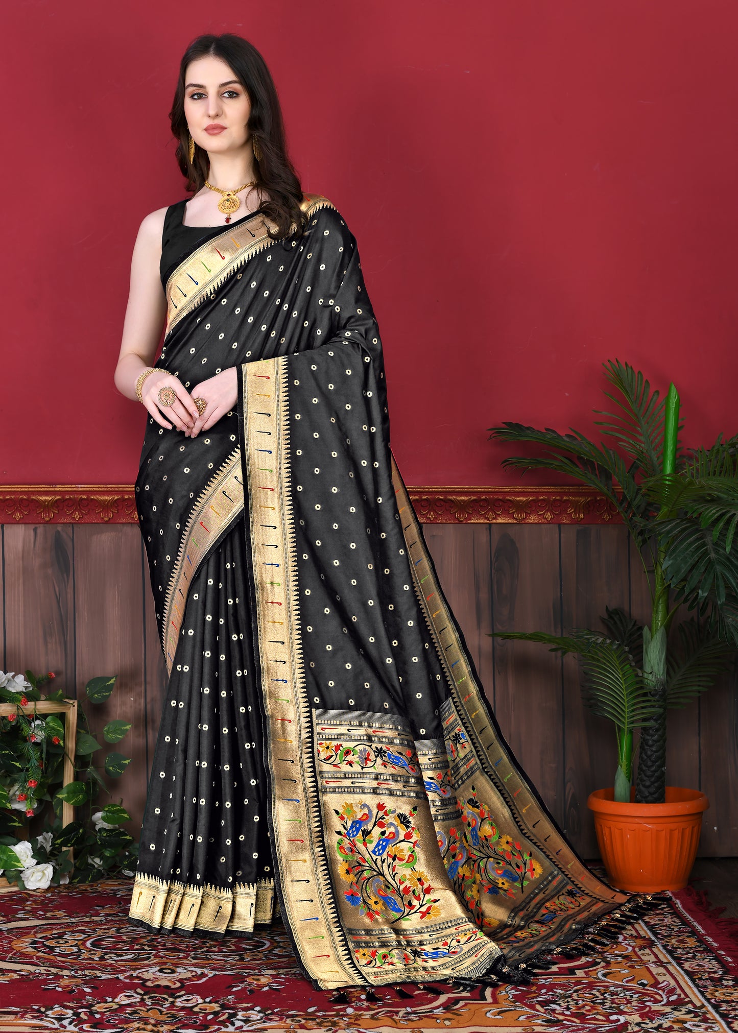 Black Timeless Meenakari Bindi Silk Saree With Blouse Piece