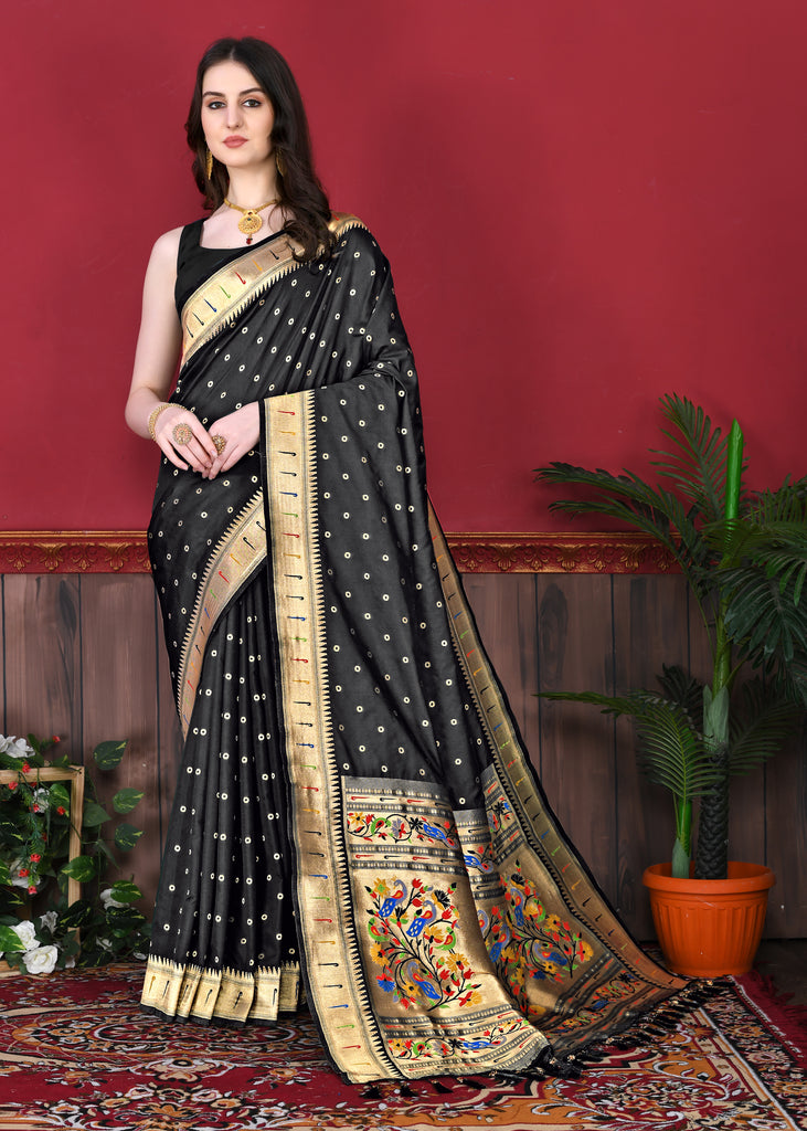 Black Timeless Meenakari Bindi Silk Saree With Blouse Piece