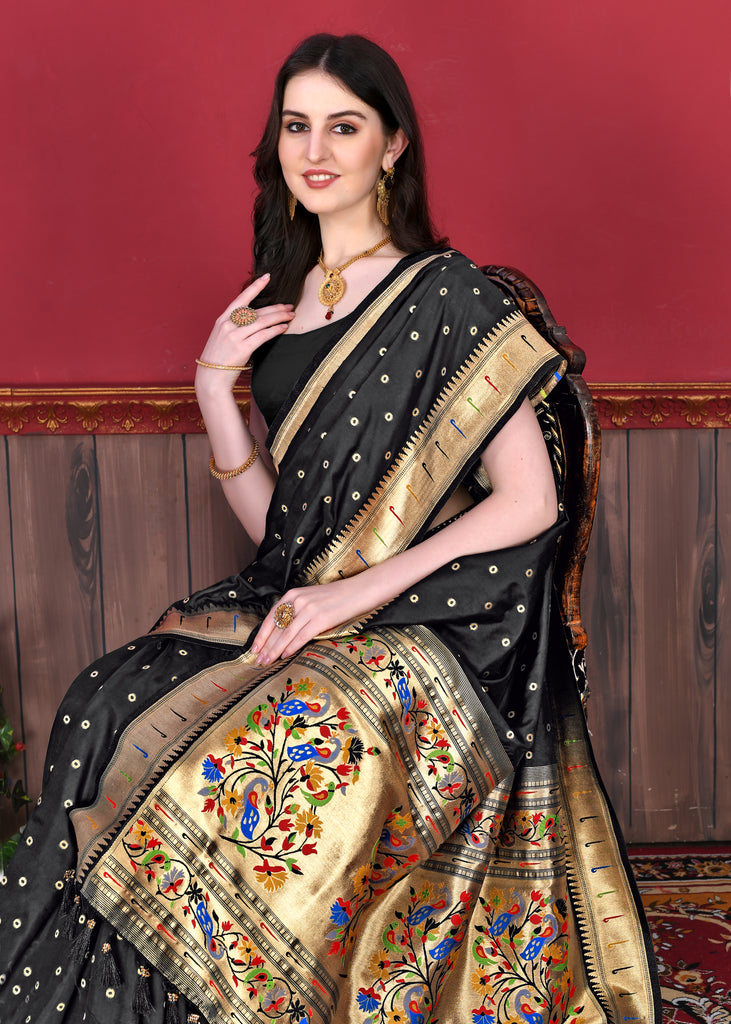 Black Timeless Meenakari Bindi Silk Saree With Blouse Piece