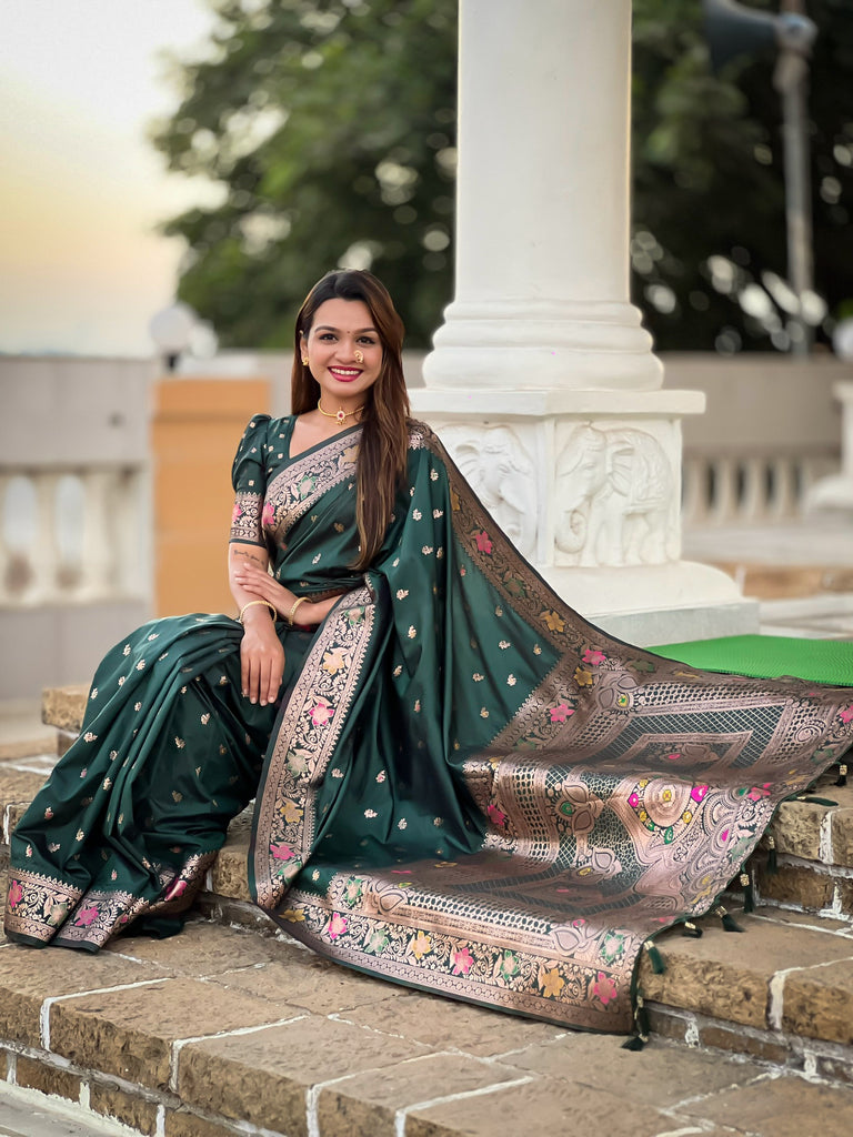 Green Zari Weaving Banarasi Saree With Blouse Piece