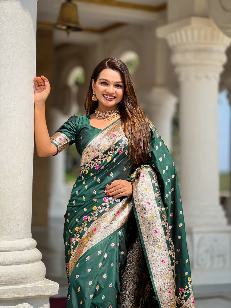 Green Graceful Meena Banarasi Silk Saree With Blouse Piece