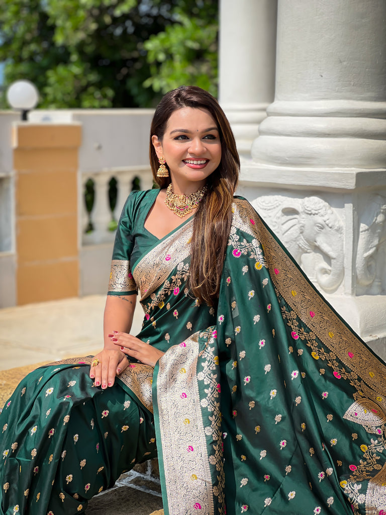 Green Graceful Meena Banarasi Silk Saree With Blouse Piece