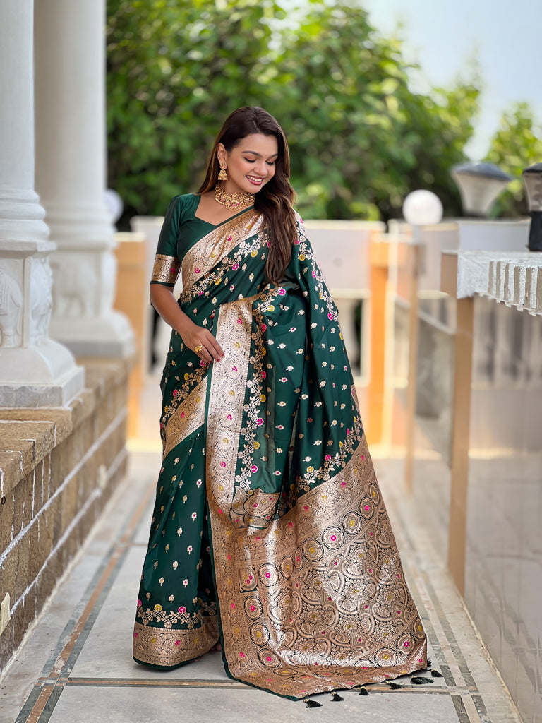 Green Graceful Meena Banarasi Silk Saree With Blouse Piece