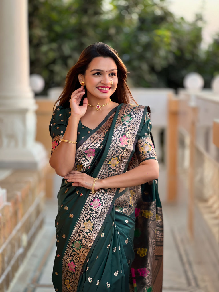 Green Zari Weaving Banarasi Saree With Blouse Piece