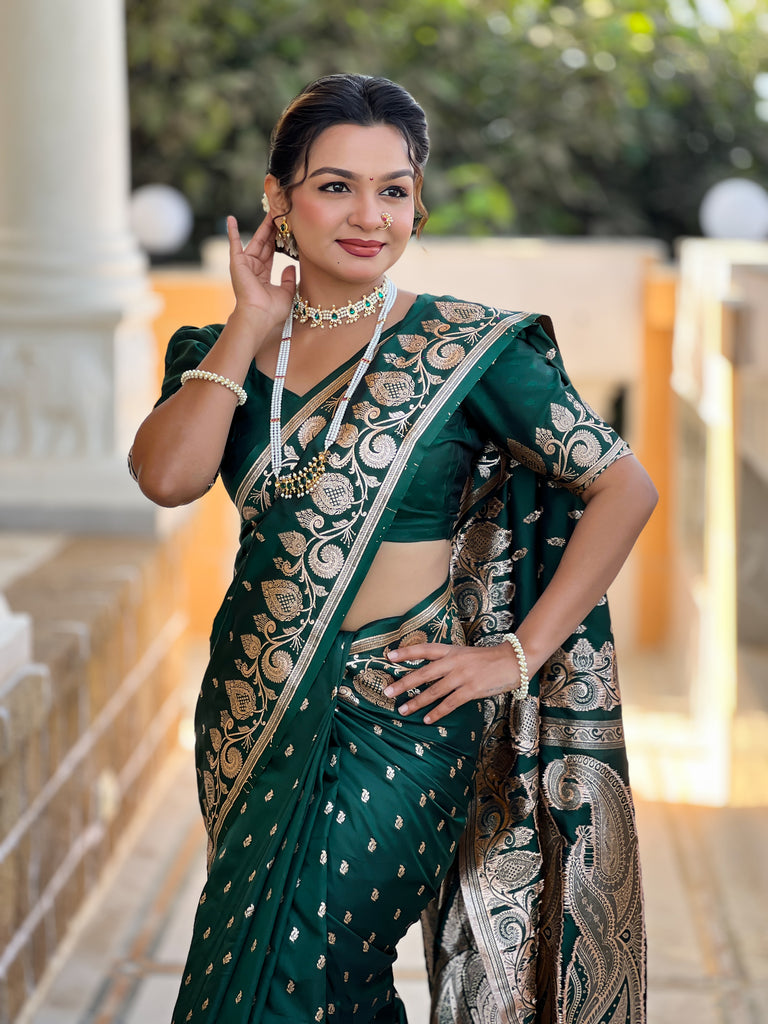 Green Unique Meena Banarasi Silk Saree With Blouse Piece