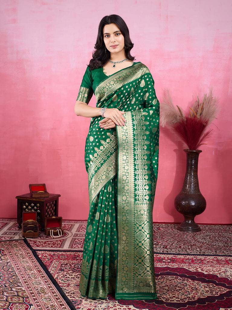 Green Pure and Rich Banarasi Soft Silk Saree With Silk Blouse Piece