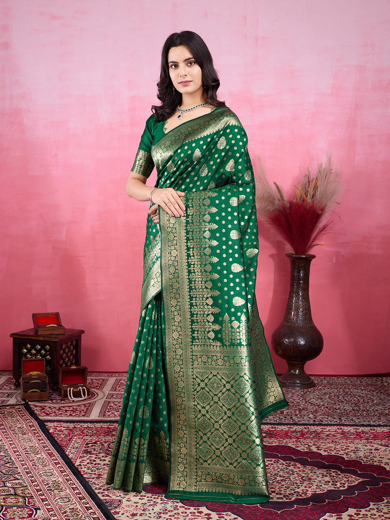 Green Pure and Rich Banarasi Soft Silk Saree With Silk Blouse Piece