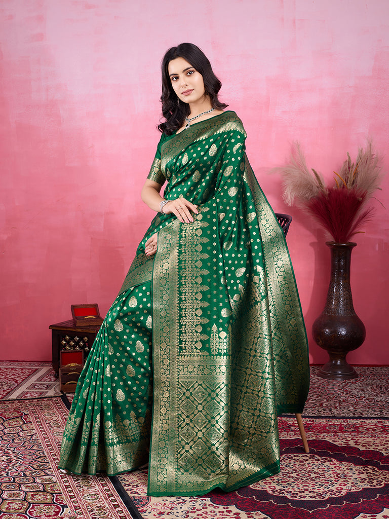 Green Pure and Rich Banarasi Soft Silk Saree With Silk Blouse Piece