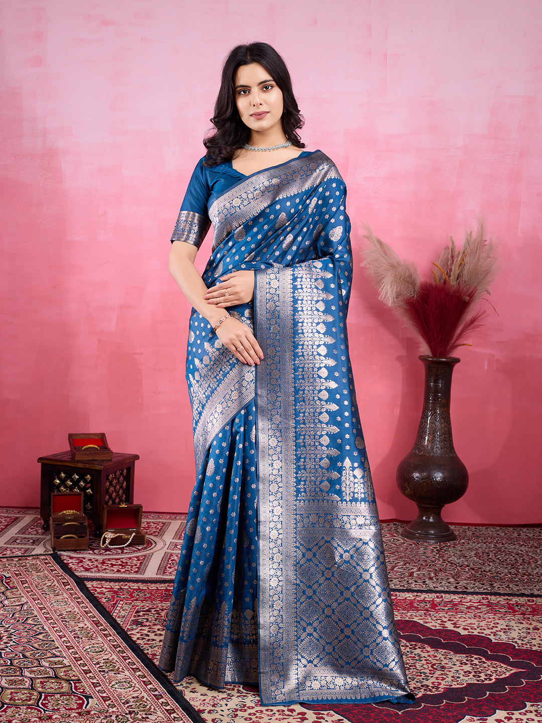 Rama Pure and Rich Banarasi Soft Silk Saree With Silk Blouse Piece