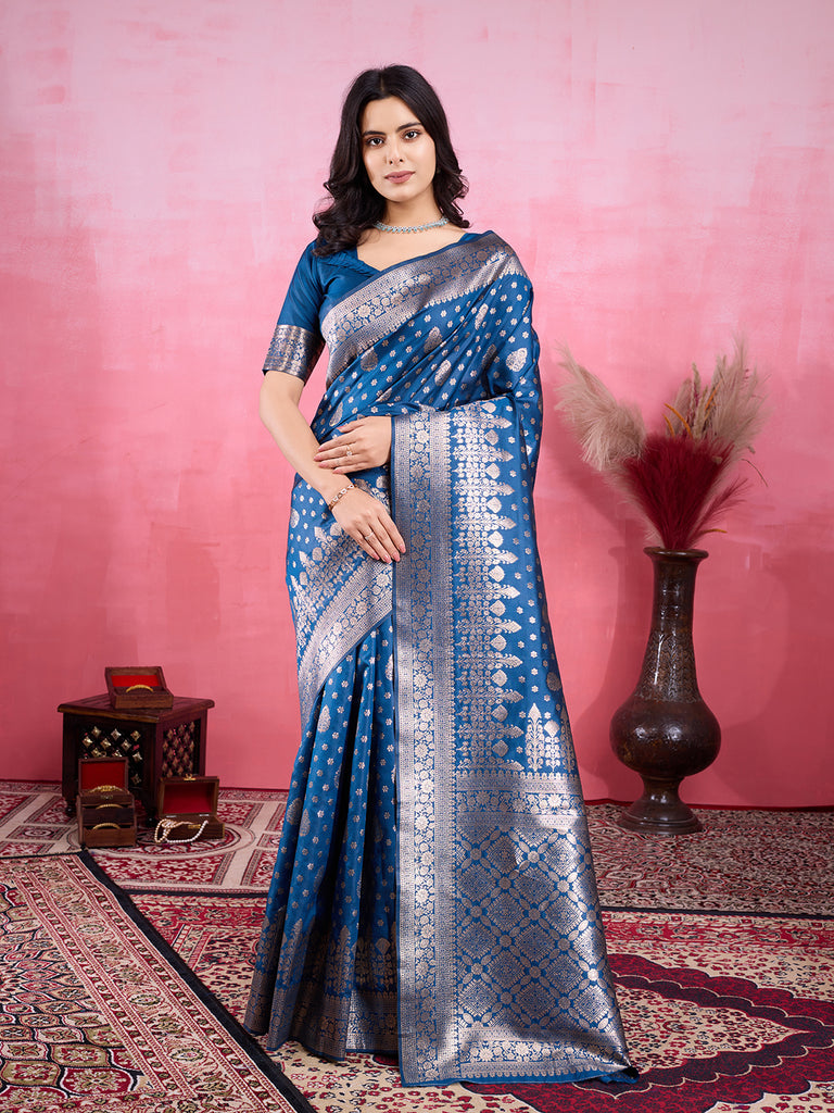 Rama Pure and Rich Banarasi Soft Silk Saree With Silk Blouse Piece