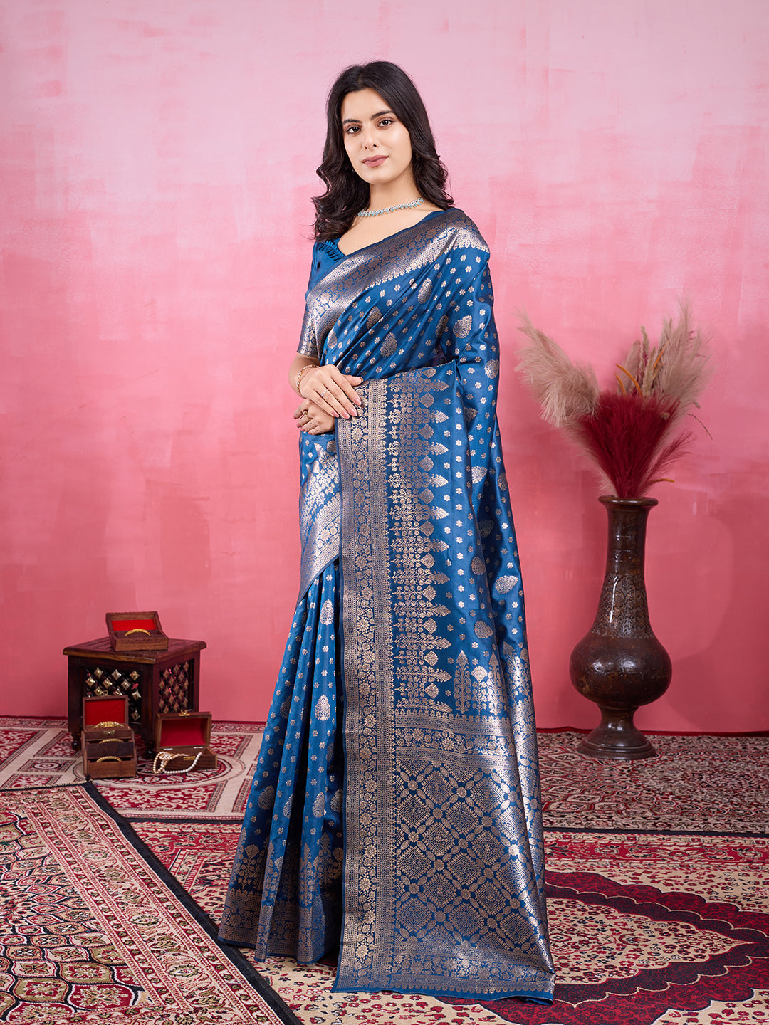 Rama Pure and Rich Banarasi Soft Silk Saree With Silk Blouse Piece
