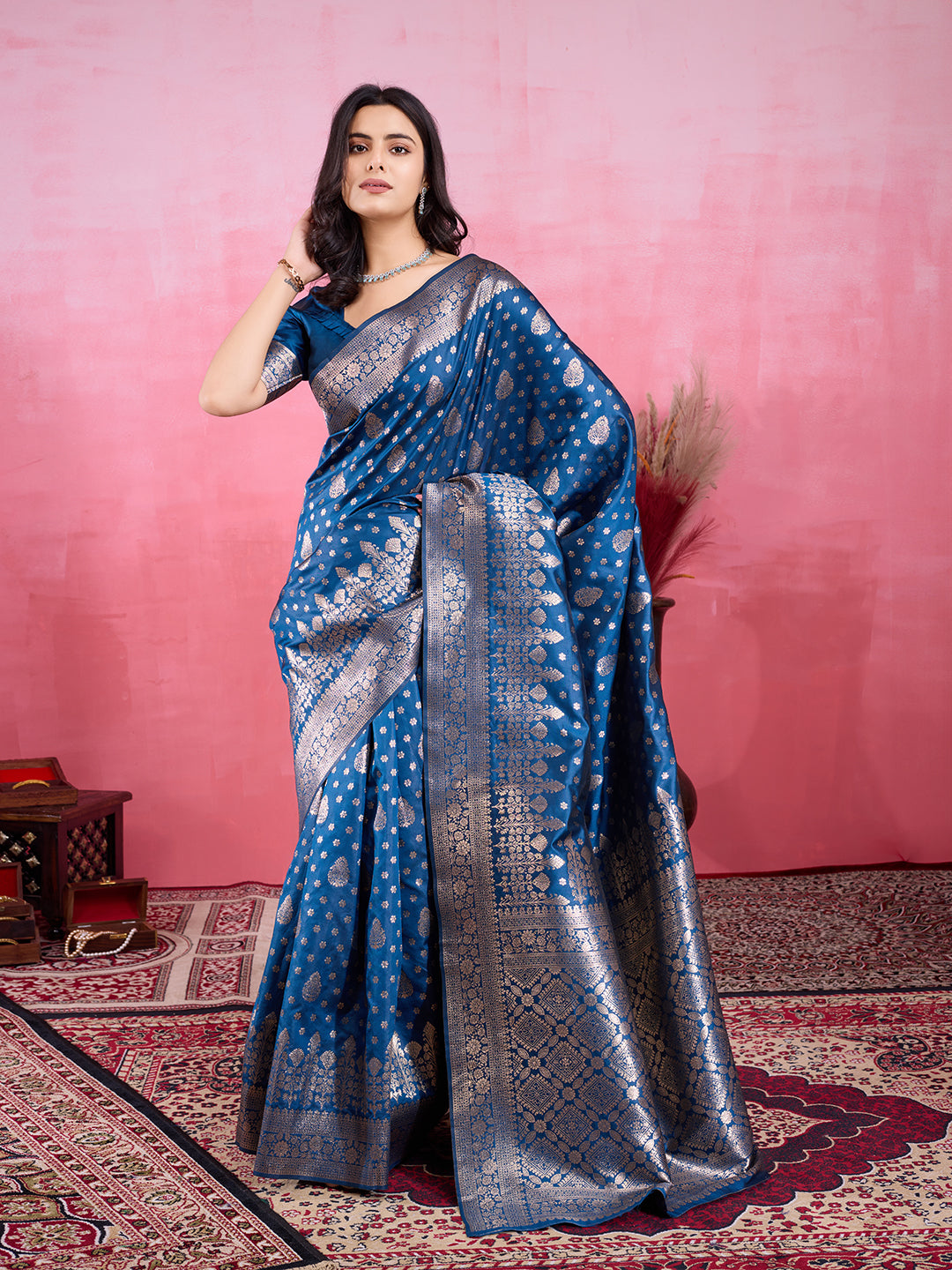 Rama Pure and Rich Banarasi Soft Silk Saree With Silk Blouse Piece