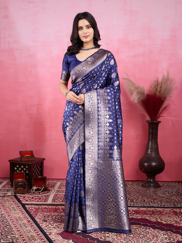 Blue Pure and Rich Banarasi Soft Silk Saree With Silk Blouse Piece