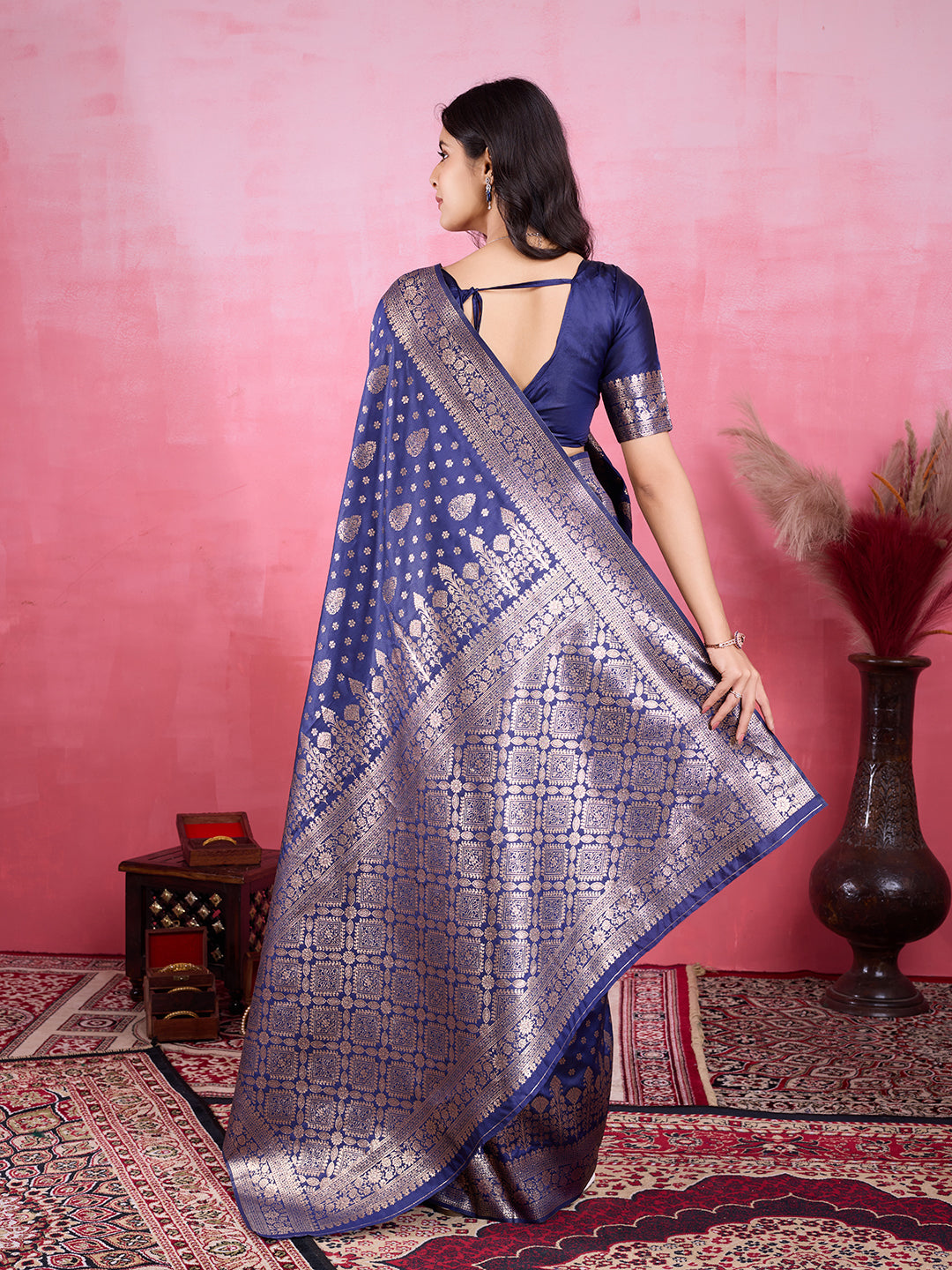 Blue Pure and Rich Banarasi Soft Silk Saree With Silk Blouse Piece