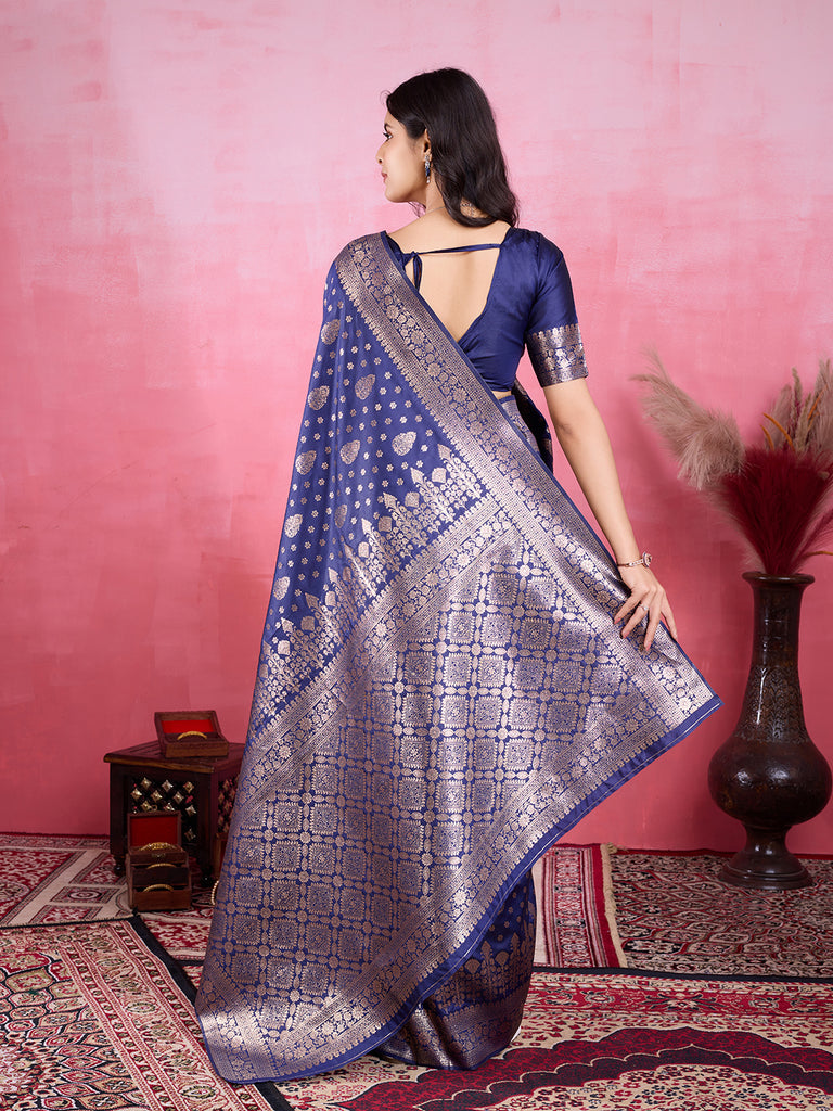 Blue Pure and Rich Banarasi Soft Silk Saree With Silk Blouse Piece