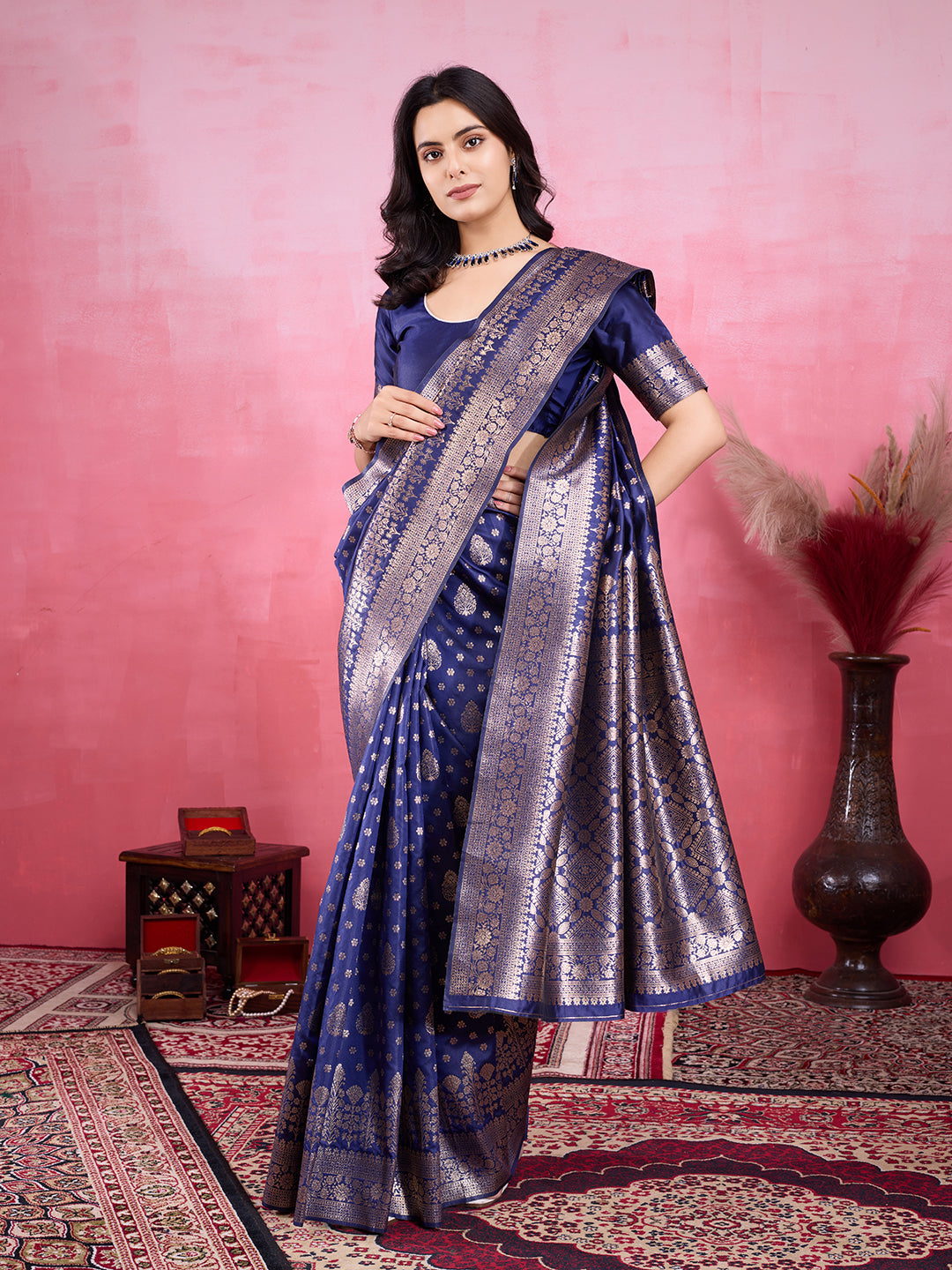 Blue Pure and Rich Banarasi Soft Silk Saree With Silk Blouse Piece