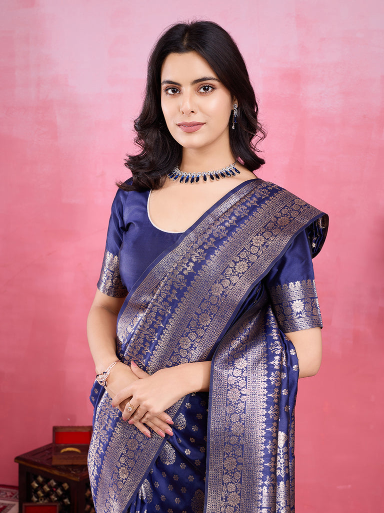 Blue Pure and Rich Banarasi Soft Silk Saree With Silk Blouse Piece