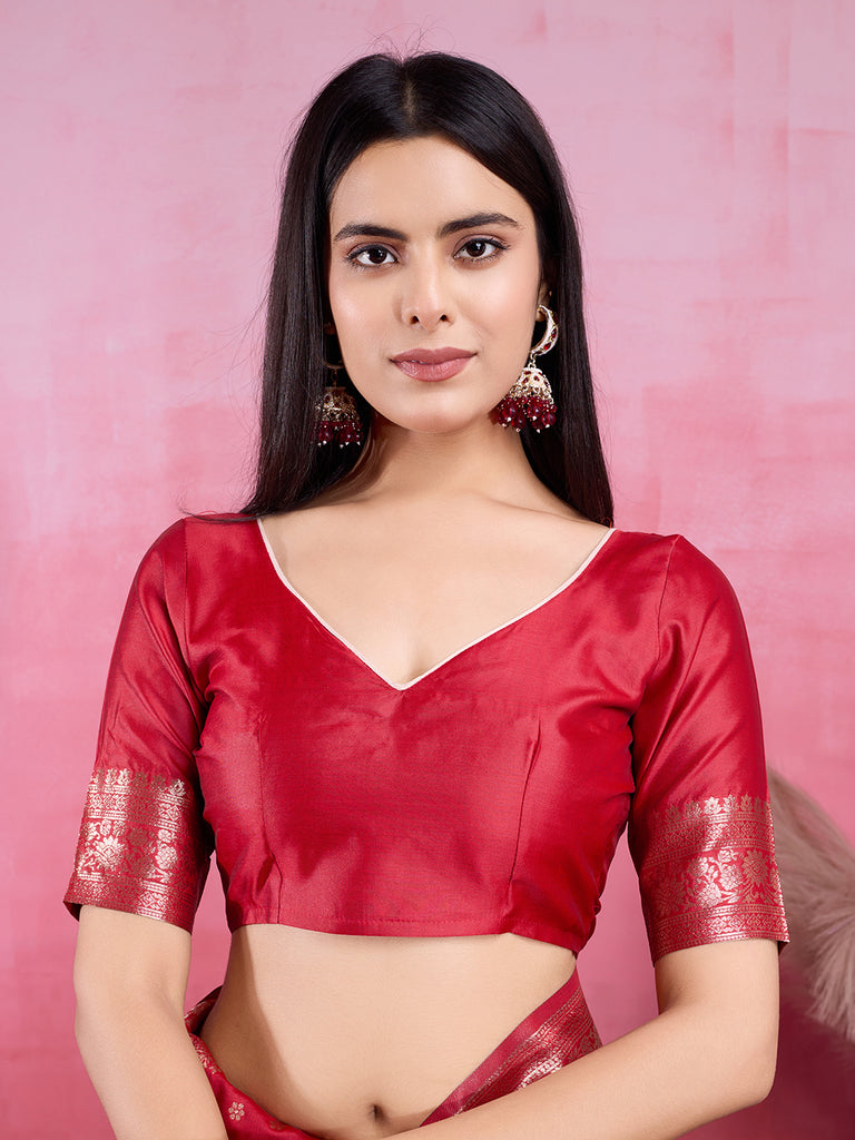 Red Pure and Rich Banarasi Soft Silk Saree With Silk Blouse Piece