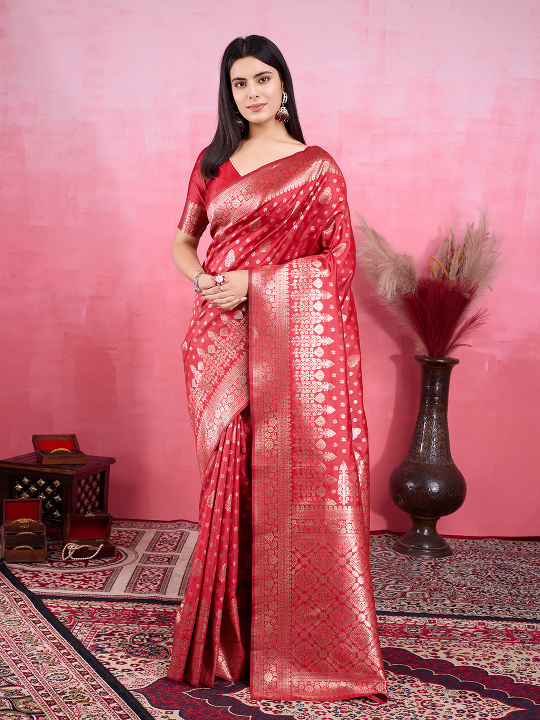 Red Pure and Rich Banarasi Soft Silk Saree With Silk Blouse Piece